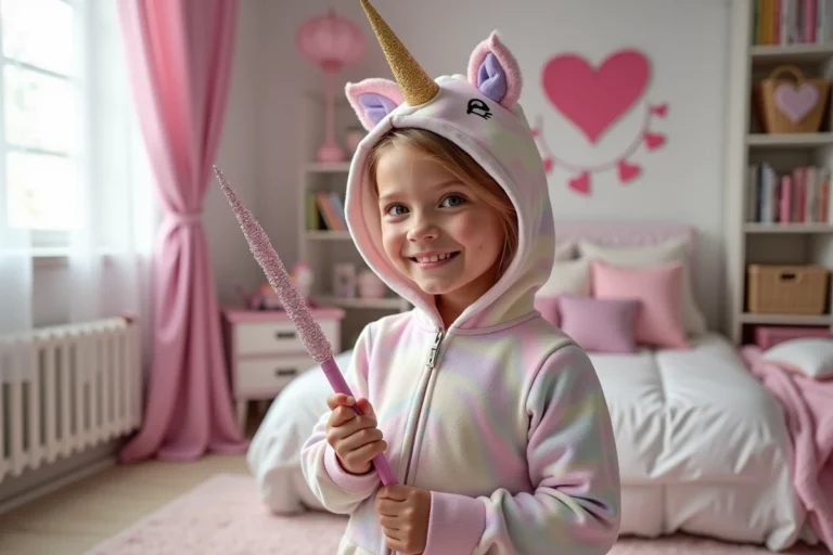 Jeune fille souriante en hoodie licorne dans une chambre chaleureuse