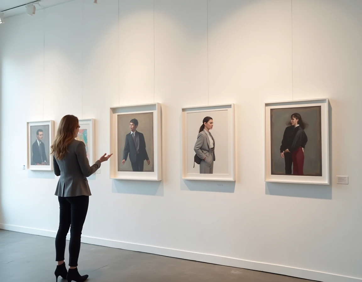 Visiteur admirant les œuvres de Nik Lasson exposées dans une galerie d'art contemporaine aux murs blancs