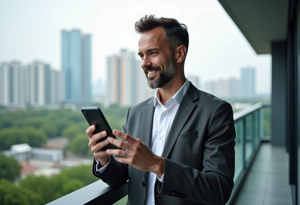Homme en blazer faisant un appel vidéo depuis son balcon urbain