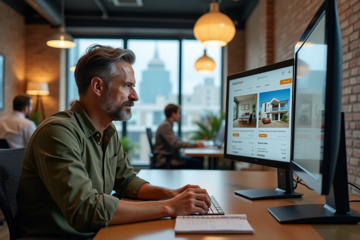 Homme comparant des offres de location immobilière sur deux écrans dans un espace de coworking