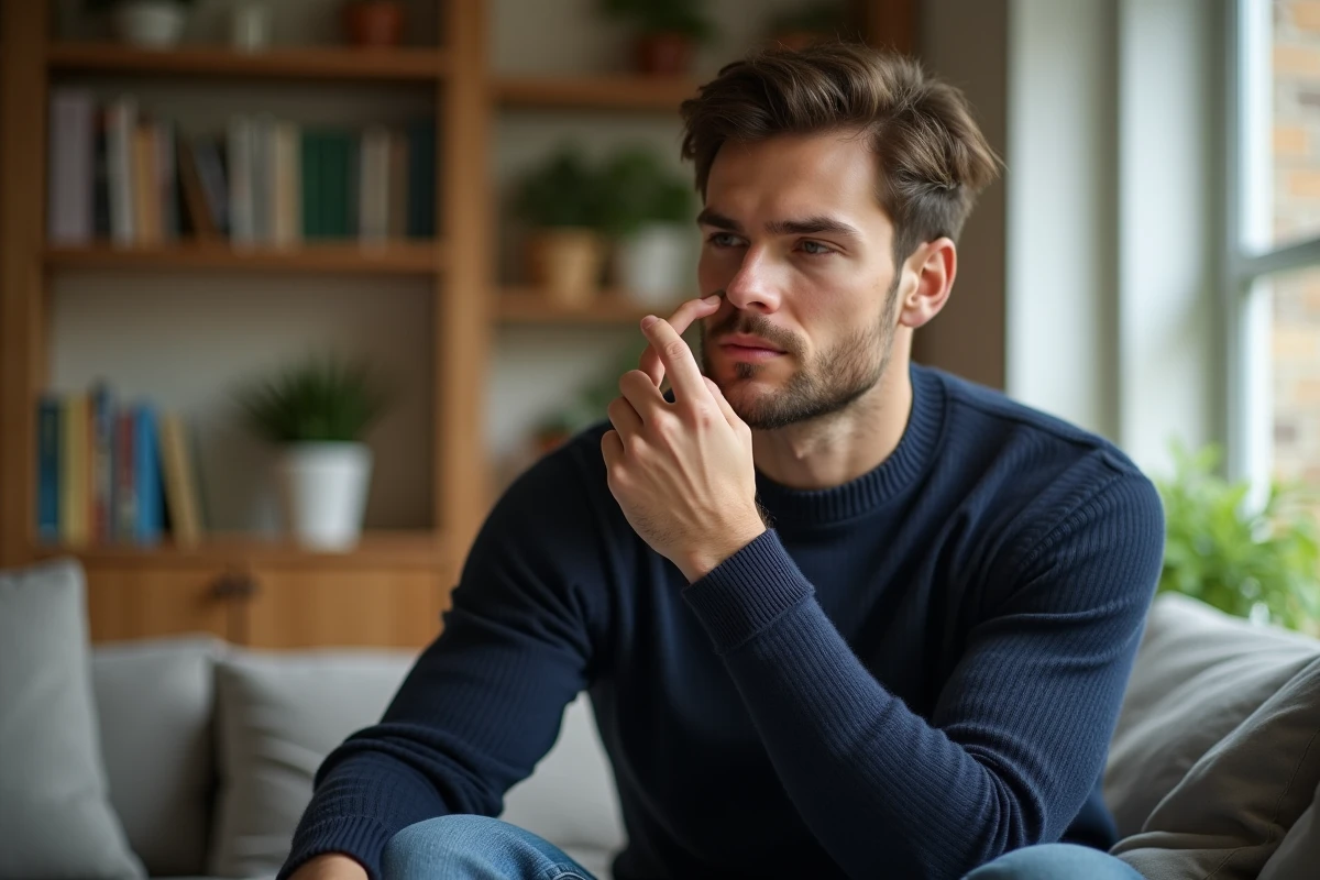 Homme vérifiant son reflet avec du concealer dans un salon lumineux