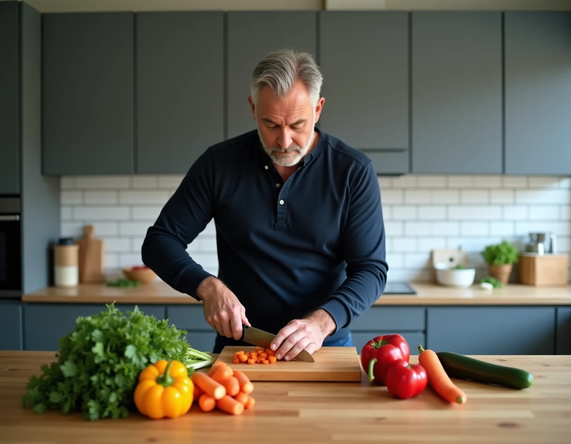 Man chopping colorful vegetables on a cutting board in a modern kitchen with fresh ingredients spread out on the countertop