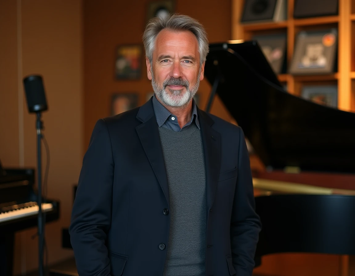 Portrait d'un homme distingué aux cheveux poivre et sel près d'un piano dans un studio de musique