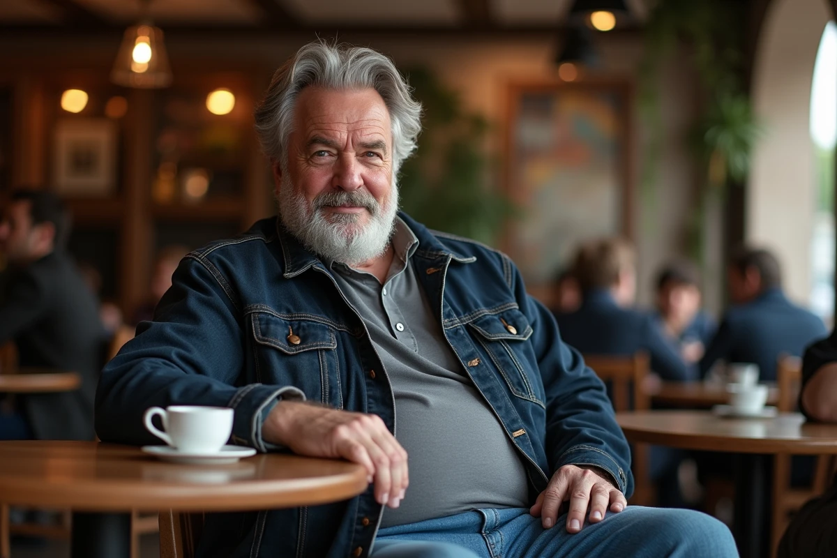 Homme grand et costaud assis dans un café parisien, tenant un café, regard détendu, illustrant la vie quotidienne et la personnalité de Ron Perlman
