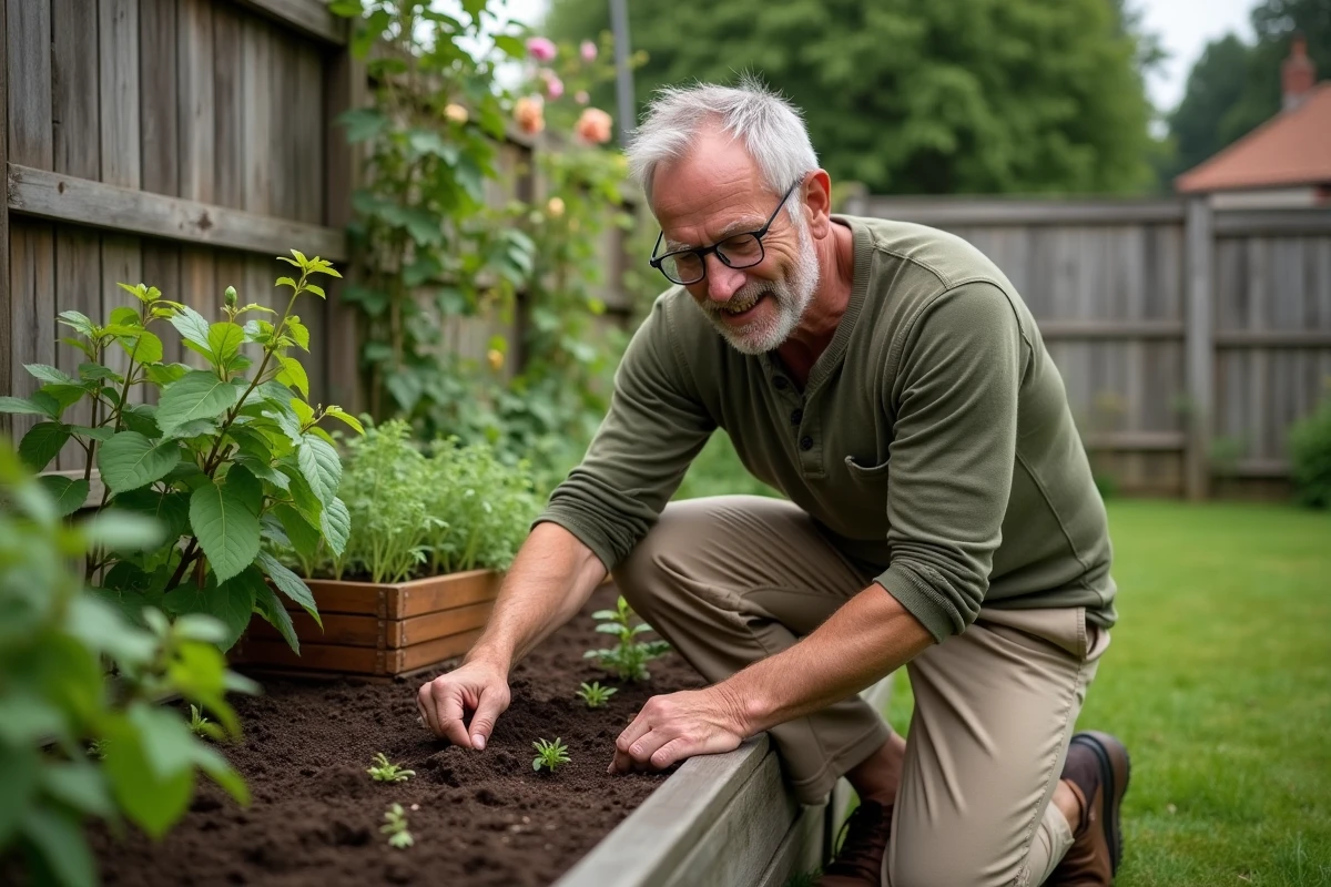 Homme jardinage en train de planter des semis dans un potager surélevé dans un jardin résidentiel