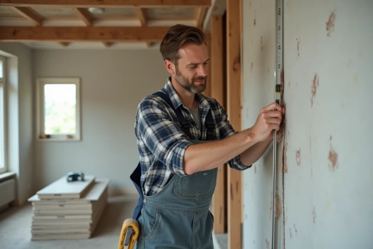 Homme en overalls mesurant un placo dans une pièce en rénovation