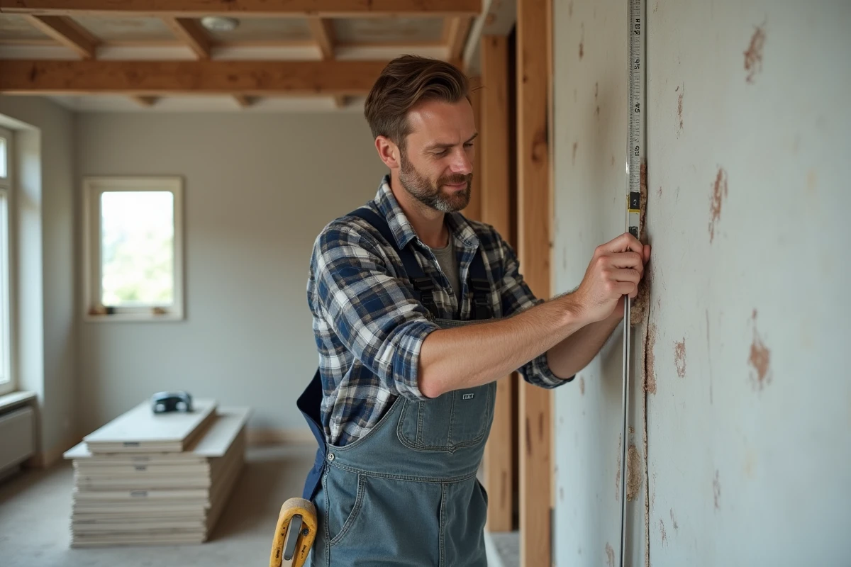 Homme en overalls mesurant un placo dans une pièce en rénovation