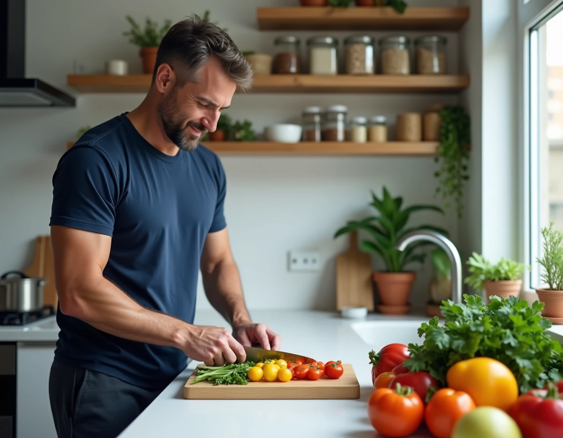 Homme préparant un repas équilibré et sain dans une cuisine moderne avec des légumes frais