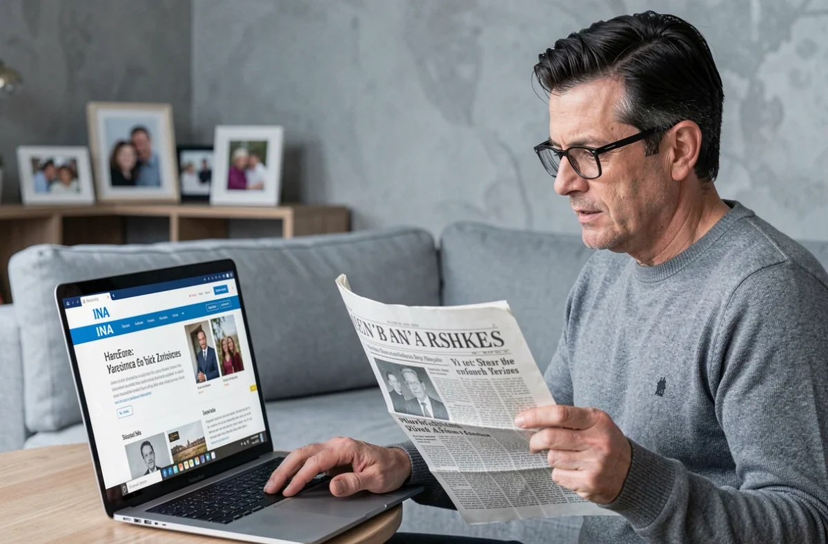Homme recherchant son journal de naissance sur le site INA avec un ordinateur portable et un document imprimé