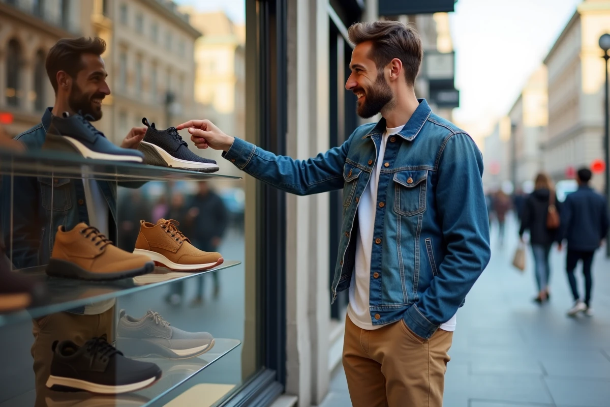 Jeune homme souriant regarde une vitrine de chaussures en ville