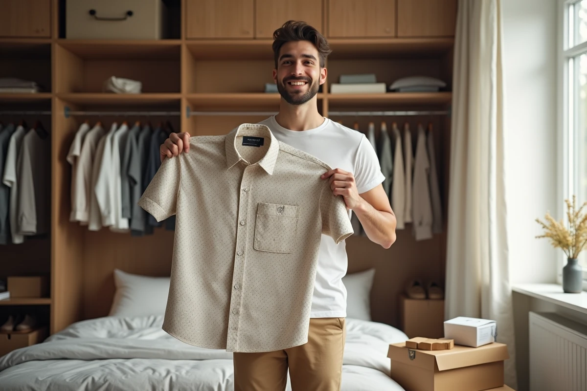Homme souriant devant une armoire avec une chemise achetée en ligne