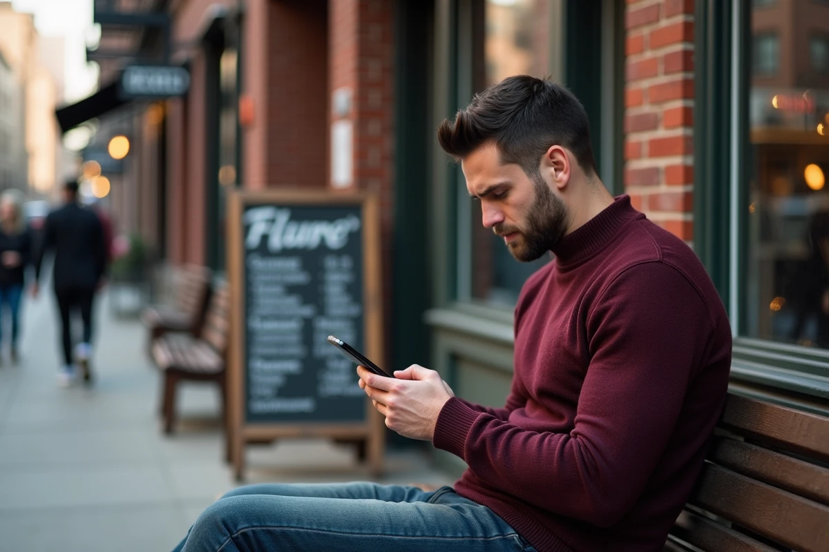 Homme en sweater regardant tatouages sur smartphone