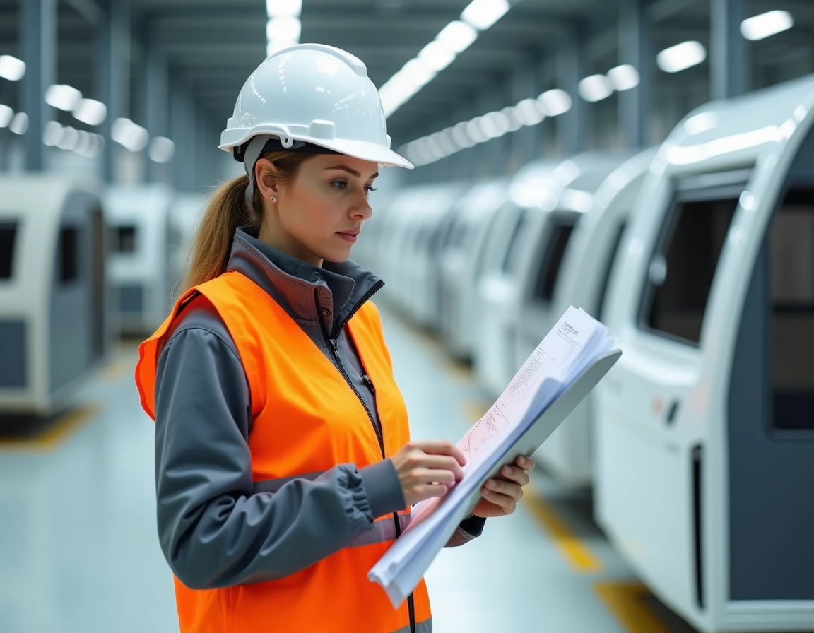 Ingénieure examinant les plans de fabrication de la caravane Rubis 2027 dans une usine moderne de production