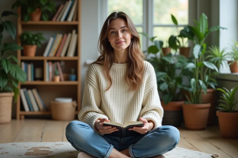 Jeune femme détendue avec journal dans un intérieur cosy