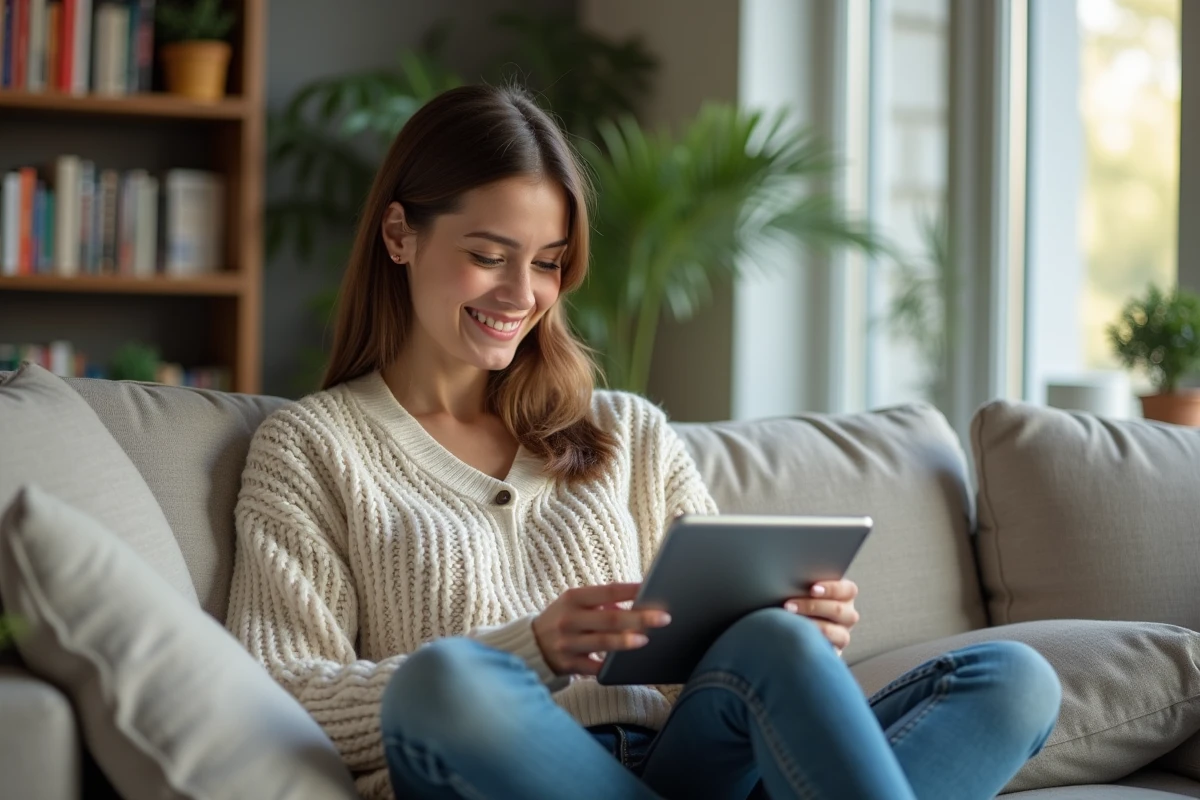 Jeune femme souriante utilisant une tablette dans un salon moderne