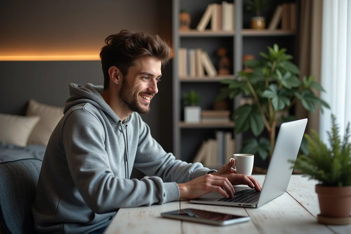 Jeune homme en hoodie regarde son ordinateur portable
