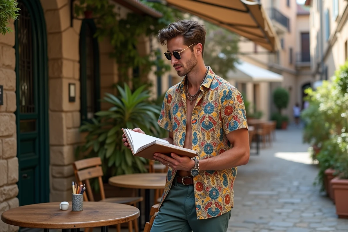 Jeune homme créatif regardant son carnet dans un café bohème