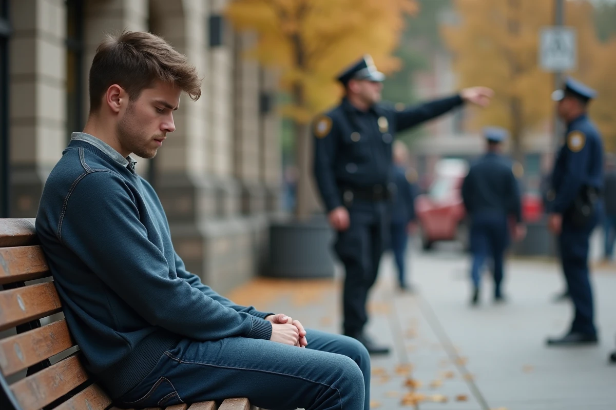 Jeune homme en jeans sur un banc urbain en réflexion