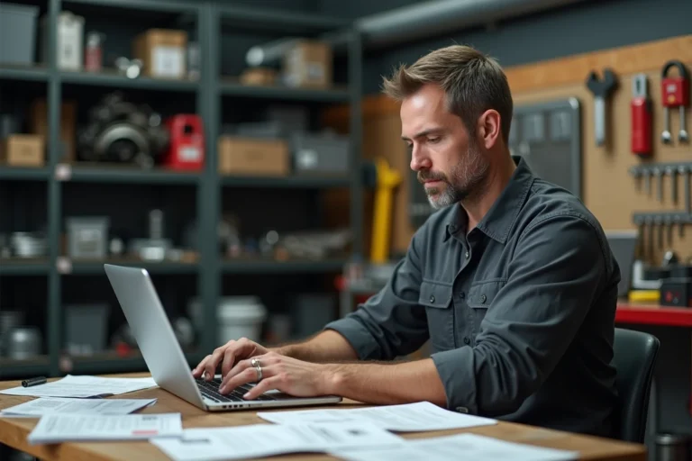 Mécanicien consultant une documentation technique automobile en PDF sur un ordinateur portable dans un atelier