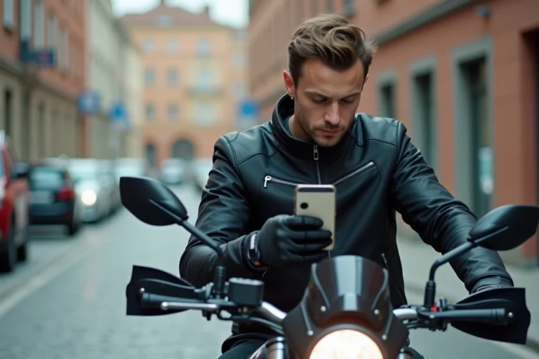 Motard consultant l'application Calimoto sur son smartphone monté sur le guidon de sa moto en ville