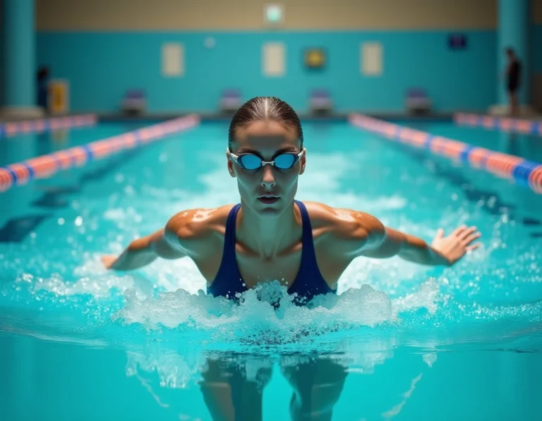 Femme nageant la brasse dans une piscine intérieure, jambes toniques visibles sous l'eau lors d'un mouvement de grenouille