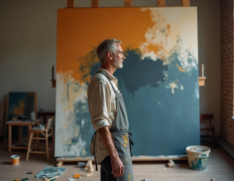 Artiste peintre Nik Lasson devant une grande toile abstraite dans son atelier aux murs de briques apparentes