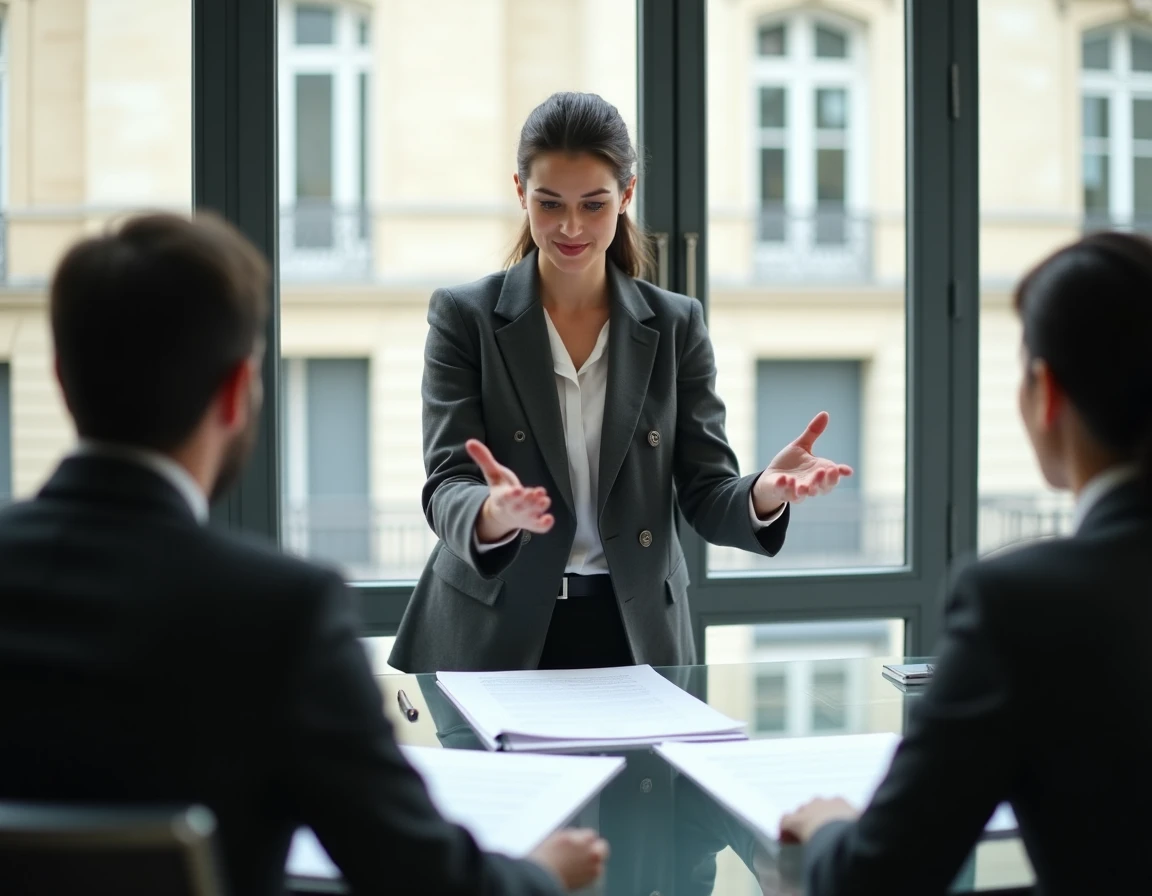 Notaire expliquant les dispositions de l'article 924-4 du code civil sur la restitution successorale à des clients dans un office notarial parisien