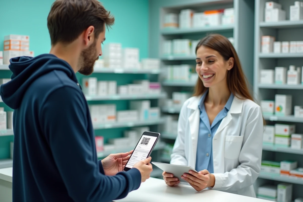 Homme montrant une ordonnance numérique sur smartphone à une pharmacienne dans une pharmacie moderne