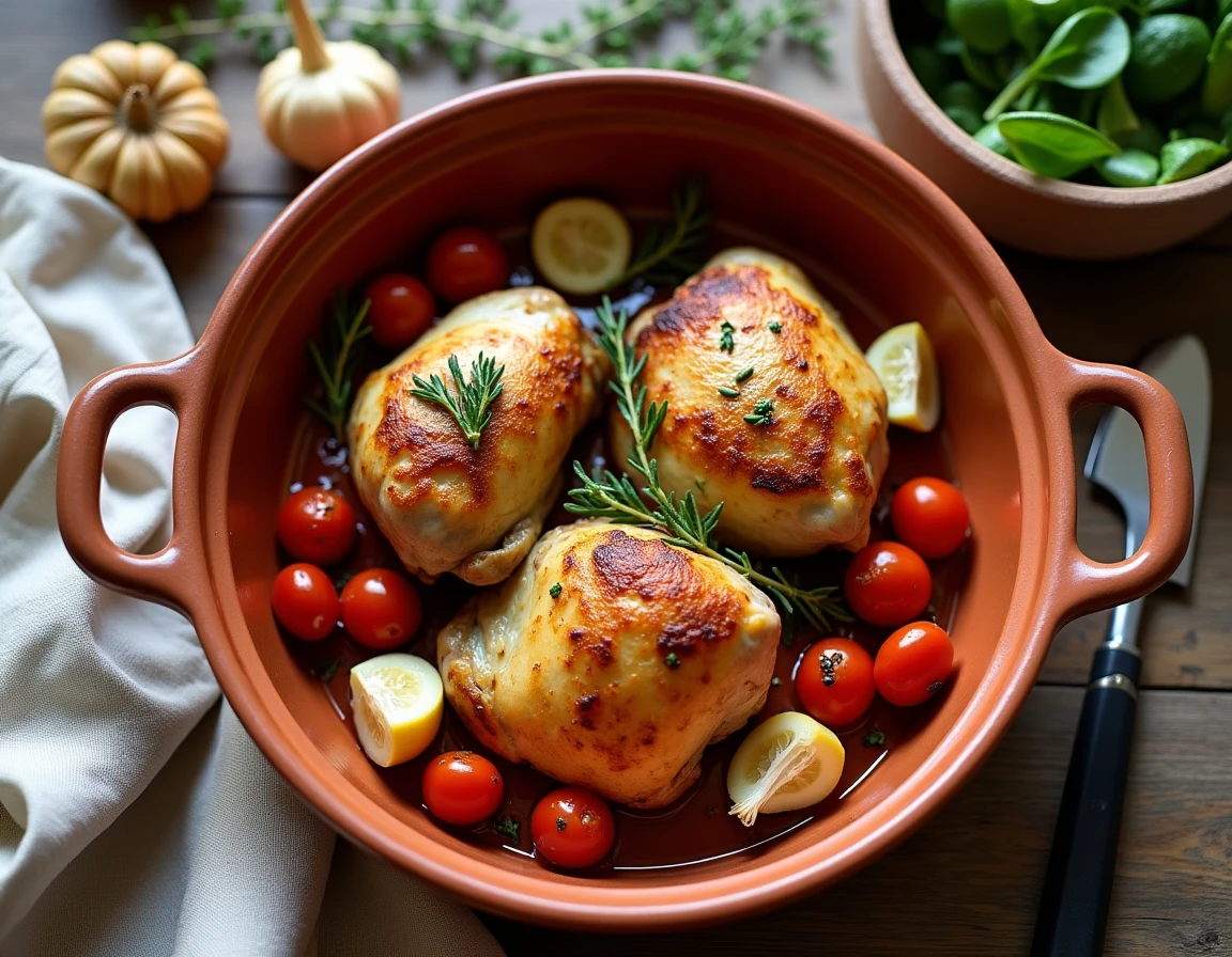 Plate of roasted chicken with herbs and cherry tomatoes in a terracotta dish on a rustic wooden table for an authentic home meal