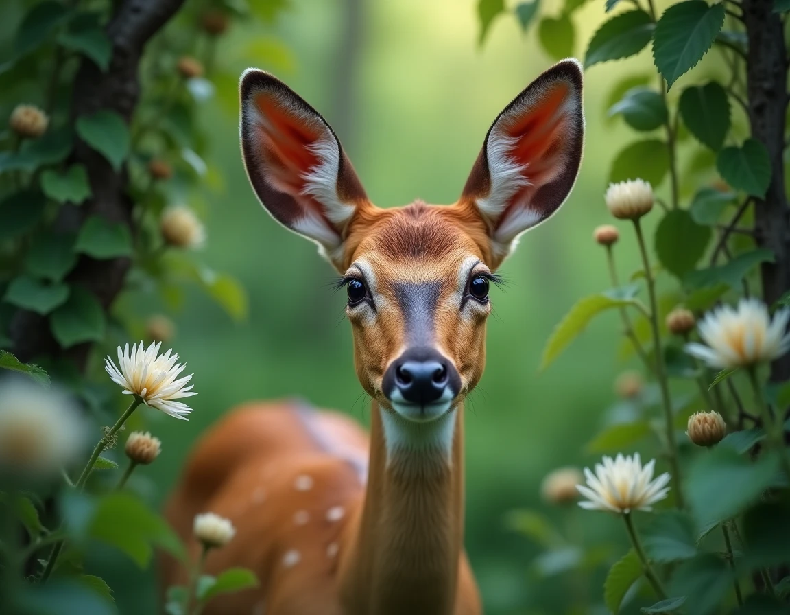Portrait en gros plan d'une biche entourée de fleurs sauvages et de lierre, symbole de sagesse et de connexion spirituelle
