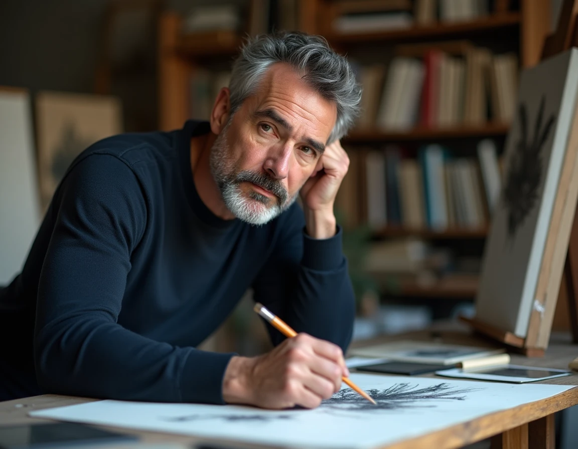 Portrait de l'artiste Nik Lasson concentré sur ses esquisses et notes créatives dans son espace de travail