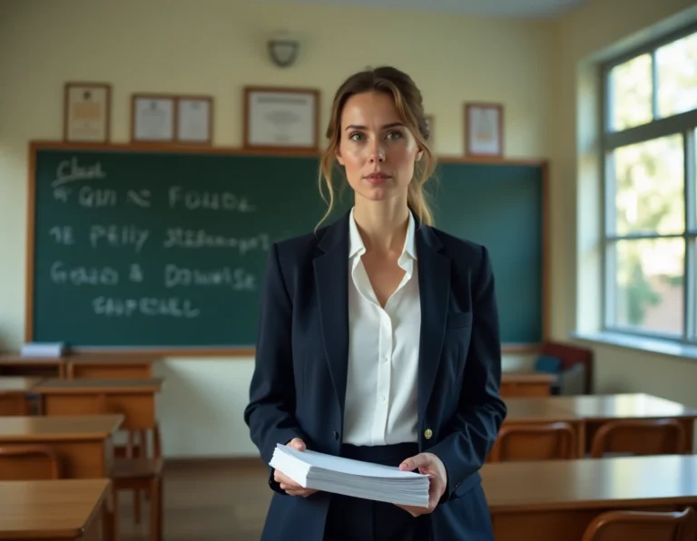Professeure d'école privée debout devant un tableau noir, tenant des copies corrigées dans une salle de classe soignée