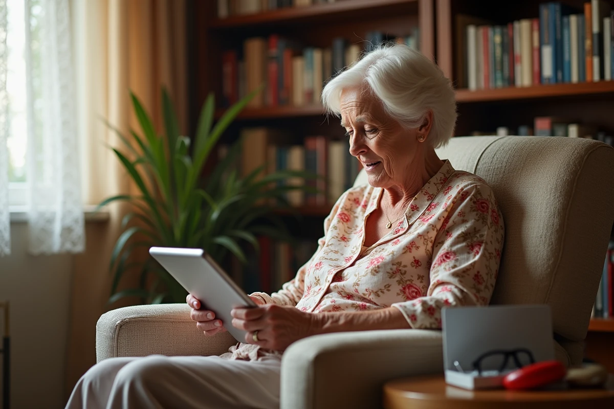 Femme âgée utilisant une tablette pour commander des produits de santé en ligne depuis son salon