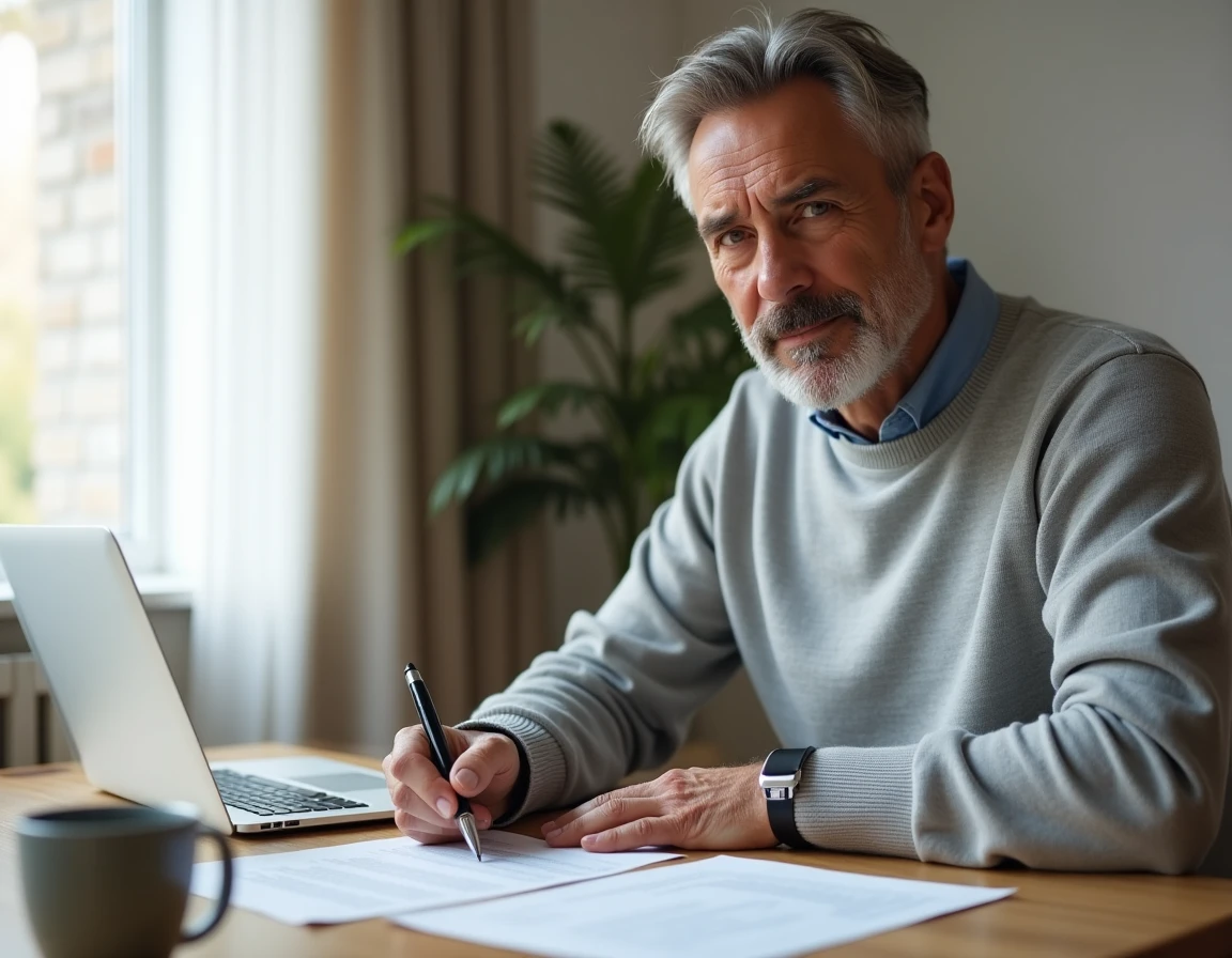 Homme signant un compromis de vente immobilier à son bureau à domicile