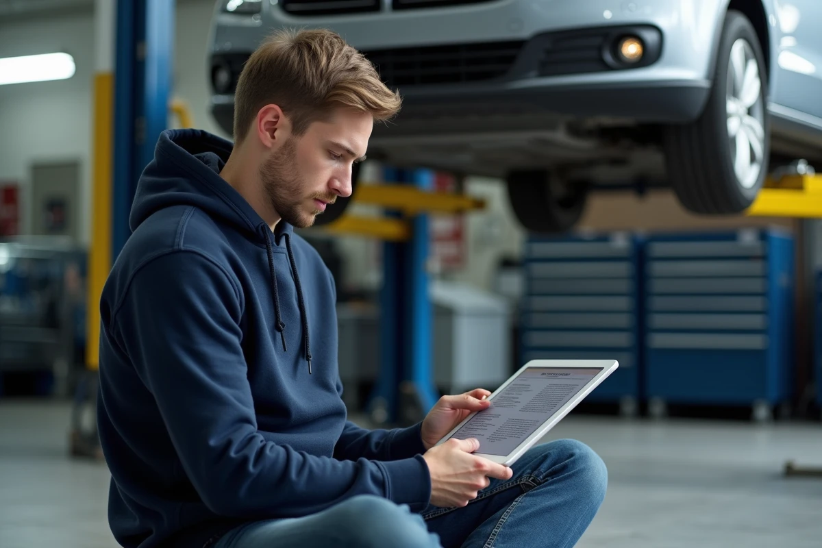 Jeune technicien lisant un manuel de réparation automobile en PDF sur une tablette dans un garage professionnel
