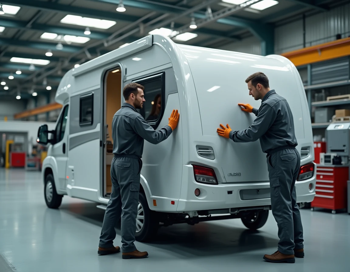Deux techniciens assemblant le panneau latéral en fibre de verre d'une caravane Rubis 2027 dans un atelier de production