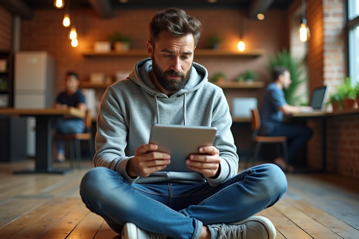 Homme surpris par une tendance étonnante sur une tablette dans un espace de coworking moderne