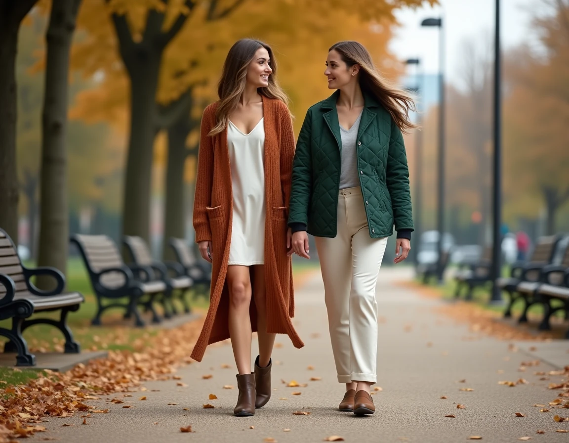 Deux femmes élégamment vêtues aux tendances mode automnales se promenant dans un parc urbain aux couleurs de saison