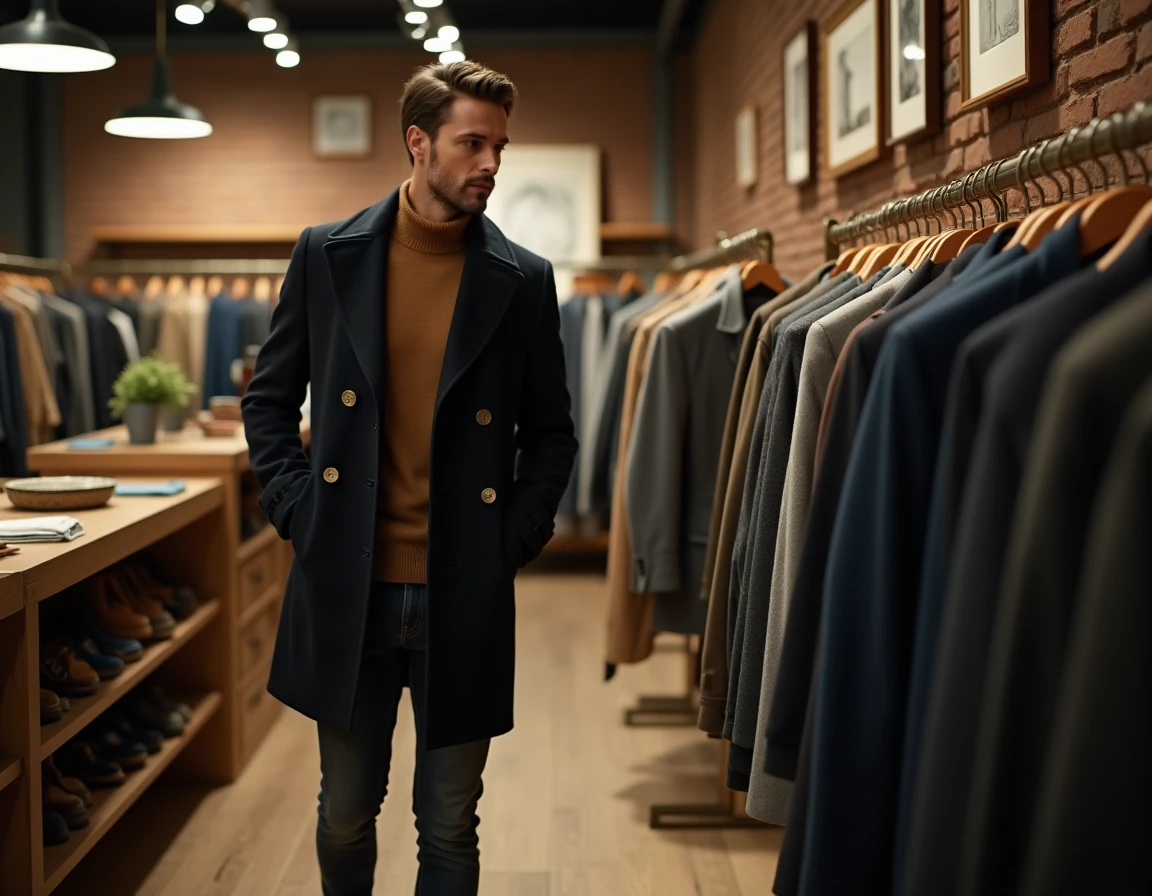 Homme élégant en manteau caban marine explorant un portant de vêtements vintage dans une boutique concept store moderne