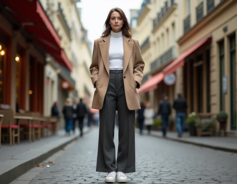 Femme élégante en blazer beige oversize et pantalon large dans une rue parisienne pavée, style mode urbain chic automne